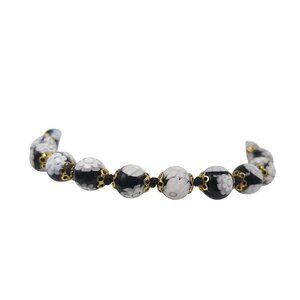 Murano Glass Black White Floral Beaded Bracelet Lobster Clasp 7.5 Inches